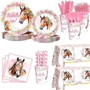 194 Pcs Cowgirl Horse Birthday Decorations for Girls Pink Floral Wild West Western Birthday Baby Shower Party Supplies Disposable Tableware Set with Plates Napkins Cups Tablecloth Serves 24