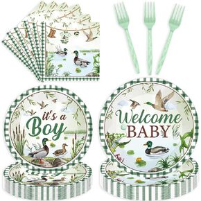 96 Pcs Mallard Duck Baby Shower Decorations, Welcome Baby Boy Cute Watercolor Duck Themed Party Plates Napkins and Forks for 24 Guests, It's a Boy Gender Reveal Party Supplies