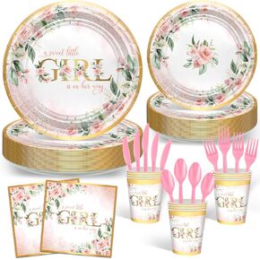 Avezano Baby Shower Plates and Cups and Napkins Sets for Girls 168 pcs Pink Floral Disposable Tableware Girl Baby Shower Decorations Sweet Theme Serves 24 Guests