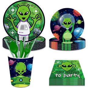 CC HOME Alien Party Themed Party Supplies Pack Little Alien Party Decorations Party Pack- Serves 16 - Includes Alien Party Plates Cups Napkins