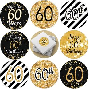 DFYOUHOME® 216PCS Happy Birthday Party Favor Labels Stickers 3/4 inch Circle- Printed Dots Decorations Supplies for Small Candies Sealing Envelopes Scrapbooks Grab Bags Gold and Black (60th)