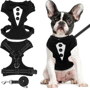 EXPAWLORER Dog Tuxedo Harness, Adjustable No Pull Pet Vest Harness with Leash Wedding Suit Attire with Bow Tie, Soft Padded Step-in Party Outfit Costume for Puppy Small Medium Dogs, Black M