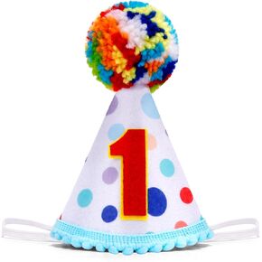 Chanaco 1st Birthday Hat, First Birthday Decoration, Birthday Hat with Colored Fur Balls Topper, One Year Old Birthday Conical Cap for Party Favors