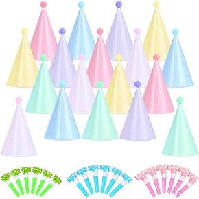 36 pcs Rainbow Party Hats-18 Pastel Rainbow Birthday Party Cone Hats and 18 Colorful Noise Makers for Birthday, Bridal Shower Wedding Party Supplies