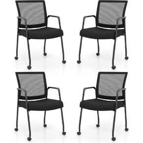 Tangkula Set of 2 Rolling Conference Room Chairs, Office Guest Chairs with Integrated Armrests, Mesh Back & Cushioned Seat, Waiting Room Chairs for Office, School, Lobby