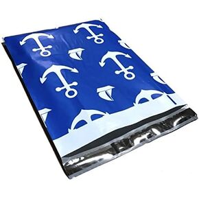 10x13 - Blue Navy Anchor Nautical Designer Printed Poly Mailers Shipping Envelopes Self Sealing Boutique Custom Bags (30 Pcs)
