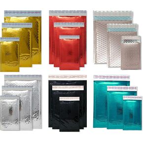 12 Pack Assorted Mailiing Envelopes, 3 Sizes 4x8, 6x10, 8.5x12" Durable Metallic Padded Bubble Mailers Mixed Size Combo W/10 Lip Stickers (Holographic)