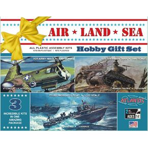 Atlantis Model ATLAMC9001 US Army Army Sea Air Set Sherman Tank H25 Helicopter P-207 Mosquito Boat Plastic Model Molded Color
