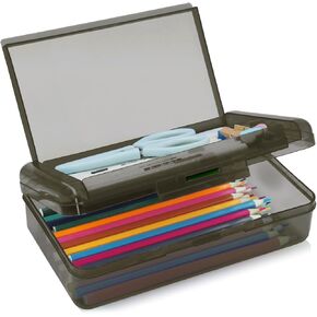1 Pack Double Layer Hard Pencil Cases, Plastic Translucent Pencil Box with Snap-Tight Lid for Pens, Pencils, School, Stylish Office Supplies Storage Organizer Box, Medium-sized (Dark Gray)