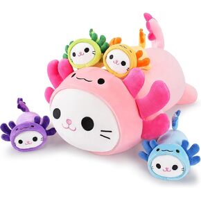 5 PCS Axolotl Cat Plush Stuffed Animal Family-19" Soft Axolotl Cat Plush, Large Mommy Plushies with 4 Baby Kittens Plushies for Kids, Kawaii Plushie Toy Christmas Birthday Gifts for Kids Boys Girls