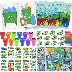 Cinrobiye 72 PCS Garbage Truck Coloring Books Party Favor Set Garbage Party Goodie Bag Fillers Truck Birthday Party Supplies DIY Scene Stickers Temporary Tattoos Prizes Art Crafts for Home School