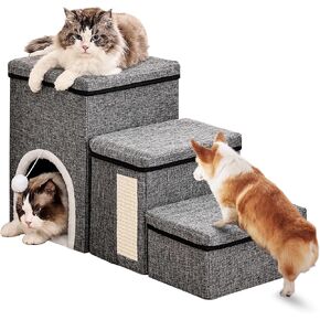 Dog Stairs for Small Dogs with Storage and Condo, Pet Steps for Small & Medium Dogs and Older Cats, Dog Steps for Bed or Couch, Supports Up to 180 lbs, 29.5x17x13.8inch, 3 Tiers, Grey