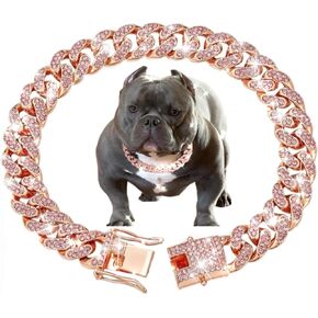 Cuban Link Dog Collar Rose Gold Crystal Studded Luxury Metal Chain Collar with Secure Buckle, Adjustable Jewelry Pet Necklace for Small, Medium, Large Dogs Cats (Rose Gold, 10 Inch)