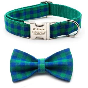 Personalized Dog Collar with Bowtie, Customized Engraving Name Phone Number Address, Adjustable Sizes for Small Medium Large Dogs, Leash Optional (Blue/Green Plaid)