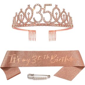 35th Birthday Crown and Sash Set - Rose Gold Rhinestone - Women's Adult - 35th Birthday Celebrants