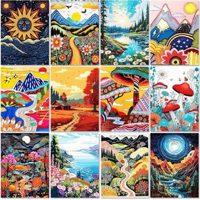 BWFY 12 Pack Diamond Art Kits for Adults 5D Diamond Painting Kits for Beginners, Landscape Abstract DIY Full Drill Gem Art Paint by Numbers Kit Home Wall Decor Gift (12x16 Inch)