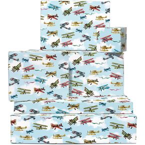 CENTRAL 23 Kids Wrapping Paper - 6 Sheets of Gift Wrap and Tags - Vintage Airplane - Boys Birthday Wrapping Paper - Birthday Gift Wrap for Men Him Adult - with Stickers - Recyclable