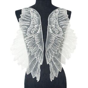 Lace Applique,DIY Patch Clothing Accessories 2PCS White Black Fabric Feather Wings Wedding Gown Appliques Embroidered Lace Collar Sew On Patches for Dress DIY Decoration