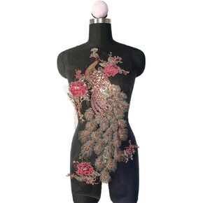 Lace Applique,DIY Patch Clothing Accessories Peacock Sequins Embroidery Sewn Sequins Glitter Needlework Accessories Mesh Sequin Fabric DIY Applique for Clothes Dress, 62x38cm
