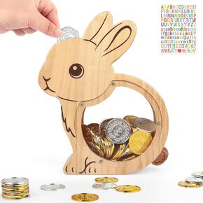Wooden Piggy Bank for Kids, Thickened Animal Money Bank with Stickers for Boys and Girls, Cute Unbreakable Personalized Money Box for Coin and Cash, for Birthday and Festival, Cat
