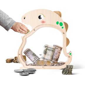 Wooden Dinosaur Piggy Bank for Kids, Unbreakable Kids Money Box with Letter Stickers, Cute Wooden Cashbox Money Bank, Piggy Money Jar Personalized Birthday Gift, Educational for Boys Girls, Large