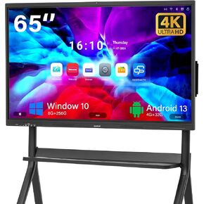 65" Interactive Smart Board, Electronic Whiteboard with 4K UHD Touchscreen Display for Business and Classroom, Windows10 & Android 13 Dual System, 48MP Camera Built-in, Wall-Mount Included