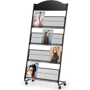 Floor Magazine Rack Brochure Stand with Wheels, Standing Literature Display Rack Brochure Holder for Home, Office, Retail Display, Black