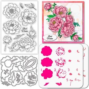 GLOBLELAND Layered Peony Flower Clear Stamps Cutting Dies PET Painting Stencils for Card Making Overlay Spring Flowers Silicone Stamp Metal Greetings Die Cuts PET Paint Stencils for DIY Scrapbooking