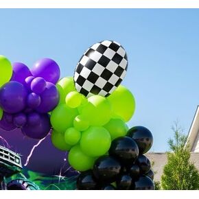 Truck Theme Balloon Garland Arch Kit vibrant Green Black with Big Wheels checkered star mylar foil balloons For Kids fast one Boy Birthday Race Car construction theme Party Decorations (Purple orange)