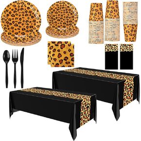 Oudain 162 Pcs Cheetah Party Decorations Leopard Print Tableware Safari Animal Jungle Party Supplies Includes Tablecloth Plates Napkins Cups Forks Knives Spoons for Baby Shower Birthday(Pink)