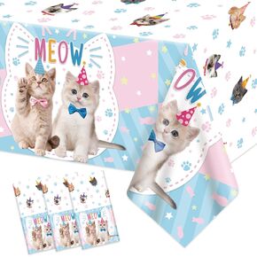 3 PCS Cat Party Tablecloth Kitten Birthday Decorations Table Cover Meow Cat Plastic Rectangle Birthday Tablecloth for Pet Kitten Baby Shower Party Supplies, 54 x 108 Inch