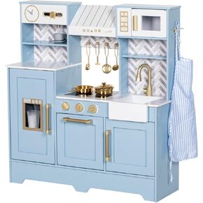Kids Kitchen Playset, Wooden Pretend Play Kitchen for Kids w/Faucet, Sink, Stove, Oven, Curtains, Cookware, Storage Cabinets, Toddler Role Play Toy Kitchen Set Gift for Girls Boys Ages 3+