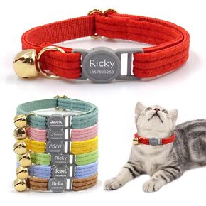 Personalized Breakaway Cat Collar with Bell, Custom Velvet Cat Collar with Engraved Name and Phone Number, Safety Buckle Adjustable Kitten Collar for Boys and Girls