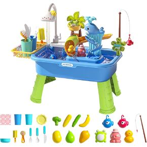 2026 Upgraded Toddler Sand Water Table Toy with Electric Water Pump, Kids Sand Water with Faucet/Play Food Accessories/Fishing Toy, Kitchen Play Sink Toys for Girl Boy Age 3+ (Pink)