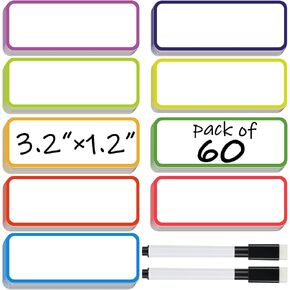 60-Piece 9-Color Magnetic Dry Erase Labels - Reusable Magnetic Name Tags for Classroom, Home, Office, Garage, Refrigerator, Students, Locker
