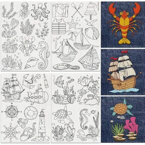 38Pcs Ocean Elements Embroidery Pattern Stabilizer, 8.3"x11.7" Sea Creature Soluble Stick and Stitch Embroidery Sticker, 4 Sheets Sea Grass Sailboat Water Hand Sewing DIY Embroidery Paper