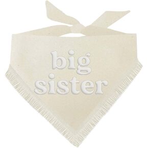 Big Sister Puff Printed Dog Bandana | Boho Fringe | 100% Unbleached Cotton | Pregnancy Announcement Photoshoot Prop | New Baby | Gender Reveal |Natural, Trim 1 (1304)