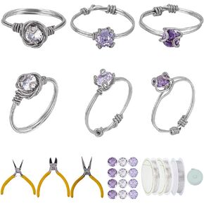 WEBEEDY Diamonds Wire Wrapped Ring Making Kit for Making 12 Sets Rings,Ring Kit with Silver Jewelry Wires,Diamonds,Pliers Tools for DIY Jewelry Making Valentine's Day Anniversary Handmade Gift