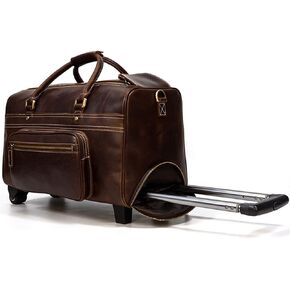Laptop Mobile Office Spinner，Men's Leather Trolley Case, Retro Leather Travel Bag, Black Wheeled Tote, One Size