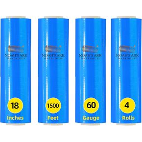 18" x 1500FT Industrial Class Pallet Wrap, 60 Gauge Heavy-Duty Stretch Film, Blue, 4 Rolls, for Warehouse Packing, Adhering Packing Moving Packaging