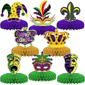 Mardi Gras Theme Party Decorations,8 PCS KSKSPE Mardi Gras Centerpieces for Tables Honeycomb Centerpieces 3D Mardi Gras Theme Party Decor Supplies Boys Girls