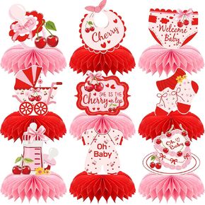 Cherry Baby Shower Decorations - 9 Pcs Pink and Red Sweet Cherries Bow On Top Honeycomb Table Topper Centerpiece Decor Summer Fruit Themed Gender Reveal Party Supplies for Girls