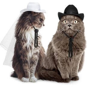 Geyoga 2 Pcs Pet Cowboy Hat Pet Groom and Bride Hat with Veil Cat Dog Wedding Headwear Western Costume Accessories for Puppy Kitten Party Daily Wearing(Small)