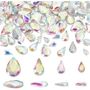 FINGERINSPIRE 220 Pcs 4 Sizes Pointed Back Rhinestone Glass Rhinestones Gems Clear AB Color Multi Faceted Teardrop Rhinestones Silver Plated Back Rhinestone Mini Teardrop Glass Rhinestones for DIY