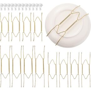 12Pcs W Type Plate Hangers for Wall Display, 6/8/10/12 Inch Invisible Plate Holders with 12 Medium Wall Hooks, Golden Steel Hooks for Home Decoration