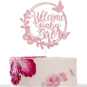 Welcome Baby Girl Cake Topper - Rose Gold Glitter Baby Shower Decorations for Cake Decor