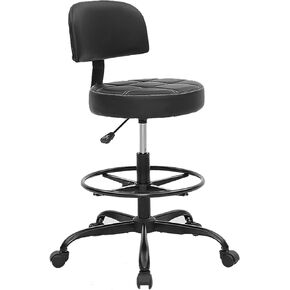 Drafting Chair with Backrest & Adjustable Footrest - PU Leather Rolling Stool with Wheels, Ergonomic Height Adjustable Office Chair for Home Kitchen Studio