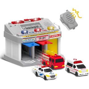 Rescue Station Kids Playset, Kids Toys for 3 4 5 6 Years Old Boys,3-Bay Parking Garage Toy Set Fire Truck,Ambulance,Police Car, Emergency Vehicle Toys with Sound and Flashing Light for Kids Ages 3+