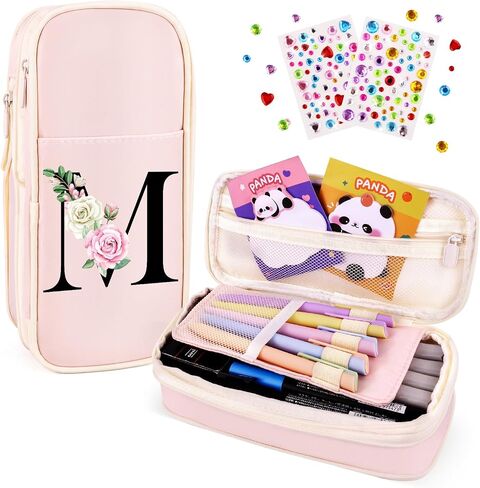 Preppy Pencil Case for Girls, Cute Large Pencil Pouch, Personalized Initial Pencil Bag with Zipper for School College Office Supplies, Back to School Supplies Gifts for Teen Girls (M, Pink) in Kuwait