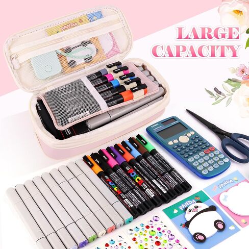 Preppy Pencil Case for Girls, Cute Large Pencil Pouch, Personalized Initial Pencil Bag with Zipper for School College Office Supplies, Back to School Supplies Gifts for Teen Girls (M, Pink) in Kuwait